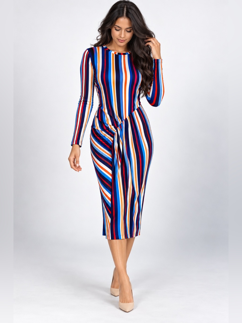 ZARA Collection Striped Ribbed Knit Ruched Maxi Dress Blue Red Orange L